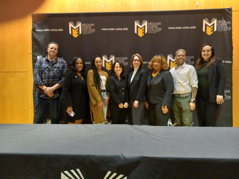 From left: Ross Kramer (Sanctuary for Families); Dr. Evelyn Castro (Medgar Evers College); Joanna Dorsey (Medgar Evers College); Lisa Perlman (Kings County District Attorney’s Office); Michelle Kaminsky (Kings County District Attorney’s Office); Dr. Patricia Ramsey (Medgar Evers College); Manny DeJesus (Kings County District Attorney’s Office); Alana Tierney (Kings County District Attorney’s Office)