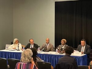 Somos Small Business panel from left: Dr. Jackeline Mejias-Fuertas, Dr. Havidán Rodriguez, Assemblyman Clyde Vanel, Professor Teri Coaxum (co-moderator), Assemblyman Erik Martin Dilan (co-moderator)